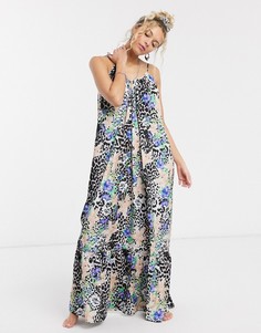 Монохромное ярусное пляжное oversized-платье макси со зверино-тропическим принтом ASOS DESIGN-Розовый