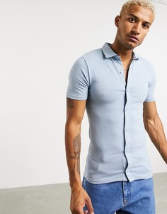 Синяя обтягивающая трикотажная рубашка с короткими рукавами ASOS DESIGN-Синий
