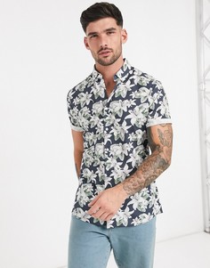 Сине-белая приталенная рубашка стретч с цветочным принтом ASOS DESIGN-Темно-синий