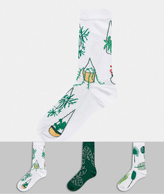 3 пары носков до щиколотки с принтом растений ASOS DESIGN-Зеленый
