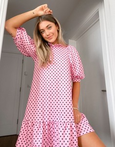 Розовое фактурное платье мини в черный горошек с оборкой ASOS DESIGN-Розовый