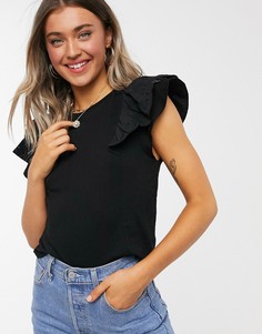Черная футболка с вышивкой ришелье и оборками Miss Selfridge-Черный