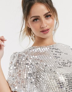 Серебристая футболка с пайетками и пышными рукавами ASOS DESIGN-Серебряный