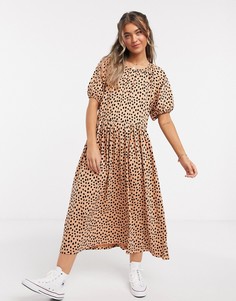 Платье миди с леопардовым принтом и сборкой на воротнике ASOS DESIGN-Коричневый