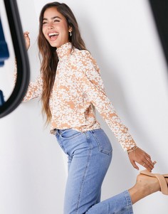 Топ с пышными рукавами и винтажным цветочным принтом Fashion Union-Коричневый