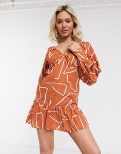 Хлопковое свободное платье мини с абстрактным принтом и V-образным вырезом ASOS DESIGN-Мульти