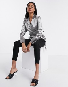 Серебристая атласная блузка с запахом Missguided-Серебряный