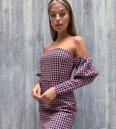Платье с открытыми плечами и пышными рукавами в клетку Missguided Petite-Темно-синий