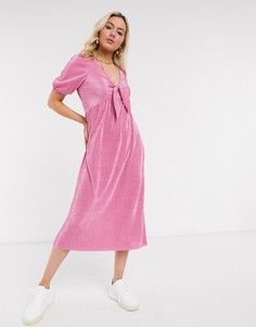 Плиссированное платье миди в горошек с узлом спереди ASOS DESIGN-Розовый