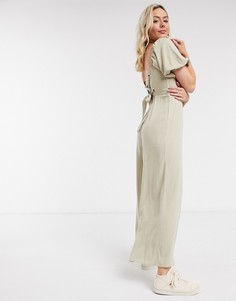 Кремовый льняной комбинезон с квадратным вырезом и завязкой сзади ASOS DESIGN
