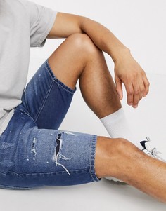 Good For Nothing ripped and painted denim short in mid blue wash-Синий