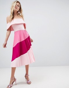 Платье миди в стиле колор блок с открытыми плечами ASOS DESIGN-Розовый