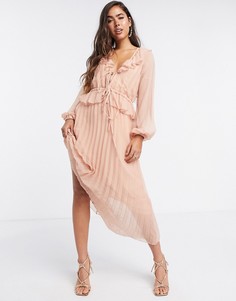 Розовое платье миди со складками, оборками и шнурком на талии ASOS DESIGN-Розовый