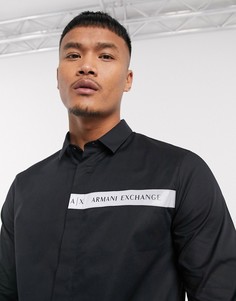 Черная рубашка с длинными рукавами и контрастным логотипом Armani Exchange-Черный