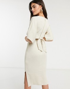 Светло-бежевое платье-футляр в рубчик с поясом Closet London-Розовый