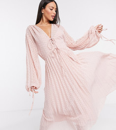 Розовое плиссированное платье миди с завязкой и пышными рукавами ASOS DESIGN Tall-Розовый