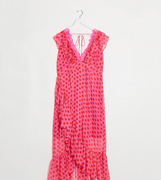 Розовое платье макси в красный горошек с запахом Dark Pink Plus-Розовый