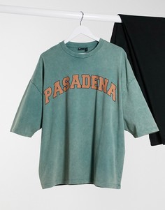 Зеленая oversized-футболка с принтом и эффектом кислотной стирки ASOS DESIGN-Зеленый