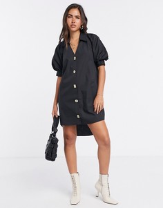 Черное платье мини на пуговицах с пышными рукавами River Island-Черный