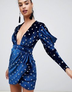 Бархатное платье мини с принтом звезд ASOS DESIGN-Темно-синий