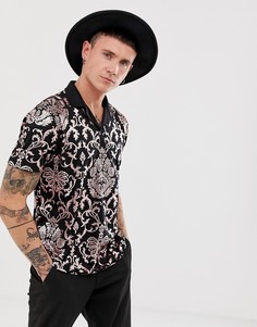 Свободное поло с принтом металлик в стиле барокко ASOS DESIGN-Черный