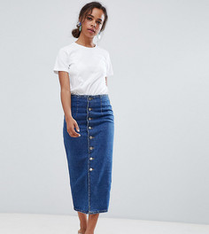Выбеленная джинсовая юбка миди на пуговицах ASOS DESIGN Petite-Синий