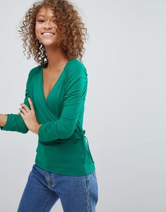 Топ с запахом, завязкой и присборенными рукавами ASOS-Зеленый