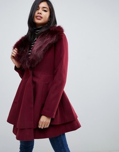 Короткое приталенное пальто с отделкой из искусственного меха ASOS DESIGN-Коричневый