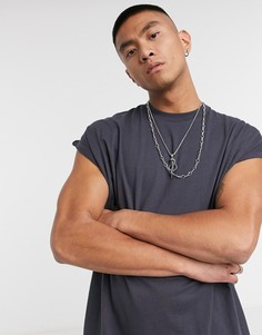 Черная выбеленная oversize-футболка удлиненного кроя с отворотами на рукавах ASOS DESIGN-Серый