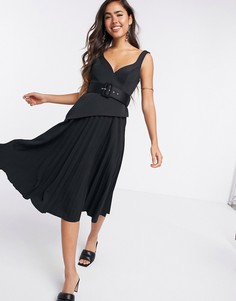 Черное платье на бретелях с расклешенной плиссированной юбкой и поясом ASOS DESIGN-Черный