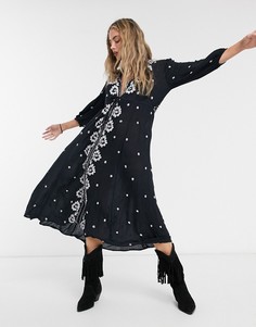 Черное платье миди с вышивкой и объемными рукавами Free People-Зеленый