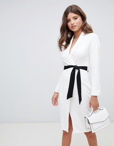 Платье-футляр с запахом и контрастным поясом Closet London-Белый
