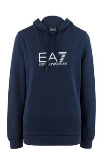Синяя хлопковая толстовка с капюшоном EA7