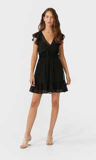 Stradivarius Короткое Платье С Воланами Женская Коллекция Черный L