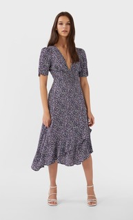 Stradivarius Платье Миди С Воланами И Цветочным Принтом Женская Коллекция Multicolor S