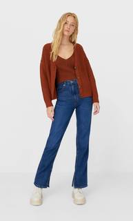 Stradivarius Кардиган С Плетеным Узором Женская Коллекция Цвет Темной Верблюжьей Шерсти Xs