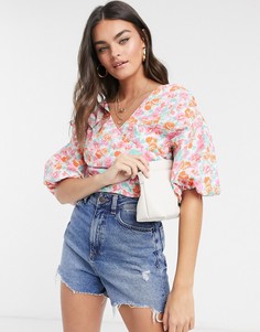 Хлопковый топ с объемными рукавами и цветочным принтом ASOS DESIGN-Мульти