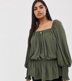 Топ с квадратным вырезом, длинными рукавами и присборенными манжетами ASOS DESIGN Curve-Зеленый