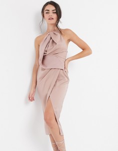 Атласное платье миди с бретелью через шею и драпировкой ASOS DESIGN-Розовый