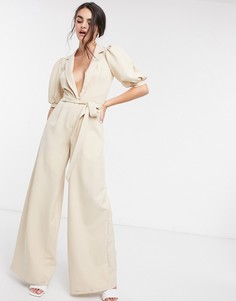 Комбинезон с пышными рукавами и поясом ASOS DESIGN-Светло-бежевый