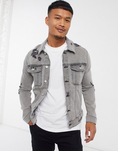 Серая облегающая джинсовая куртка с рваной отделкой ASOS DESIGN-Серый