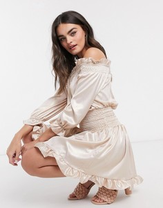 Розовое присборенное платье мини с оборкой на подоле ASOS DESIGN-Розовый