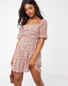 Присборенное платье мини с цветочным принтом и квадратным вырезом New Look-Белый
