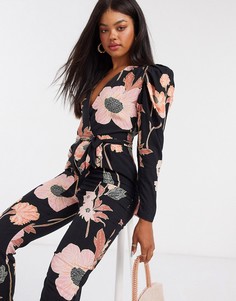 Комбинезон галифе с запахом и цветочным принтом ASOS DESIGN-Мульти