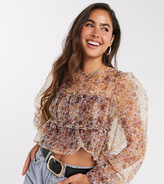 Блузка из органзы с цветочным принтом и пышными рукавами Fashion Union-Бежевый