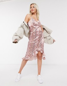 Атласное платье миди с цветочным принтом Miss Selfridge-Розовый