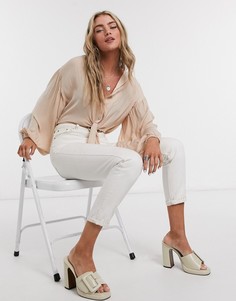 Атласная блузка с завязками спереди Topshop-Бежевый