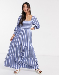 Ярусное платье макси из жатого хлопка в полоску со сборками ASOS DESIGN-Мульти