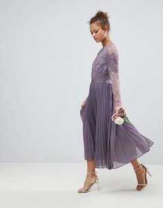 Платье миди с кружевом, плиссировкой и длинными рукавами ASOS-Фиолетовый