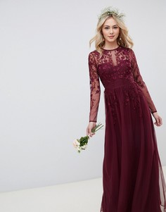 Платье макси из сетки с вышивкой с длинными рукавами ASOS DESIGN-Красный